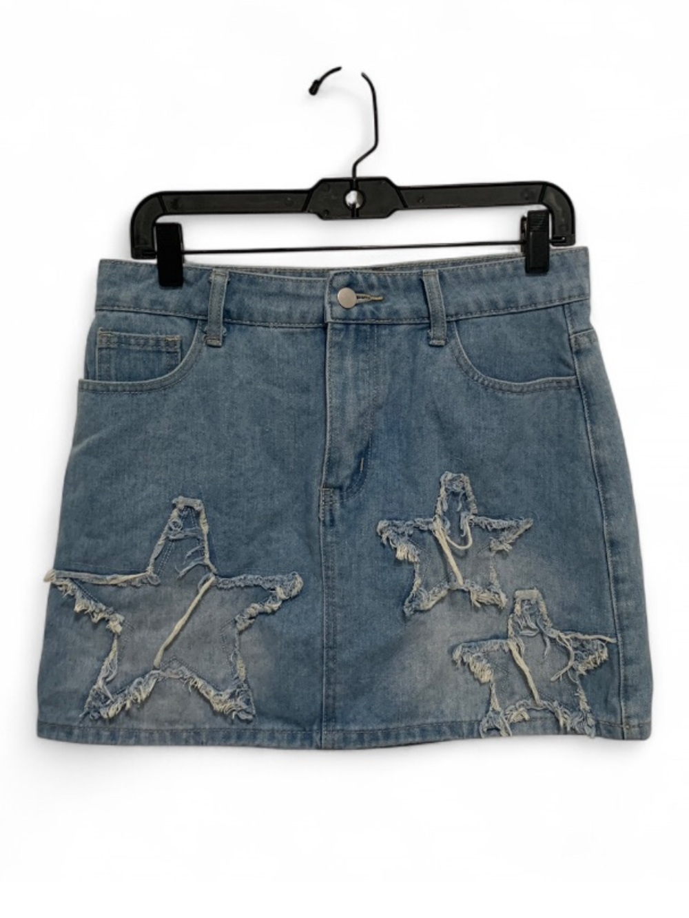 Hot Topic Light Blue Denim Mini Skirt with Distressed Star Appliqués